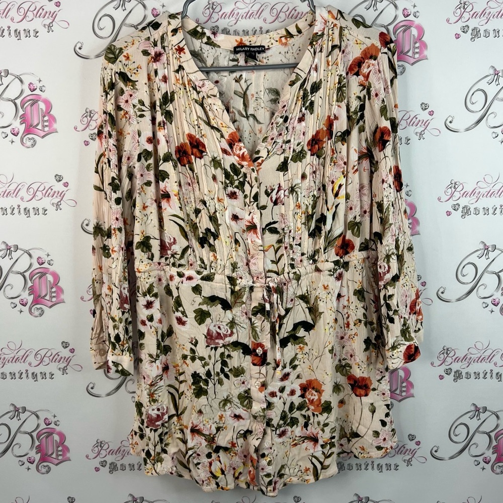 Hilary Radley long sleeve tie up waist Floral Blouse - Cream and Multicolor